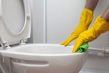 Gloved Hands Cleaning Toilet