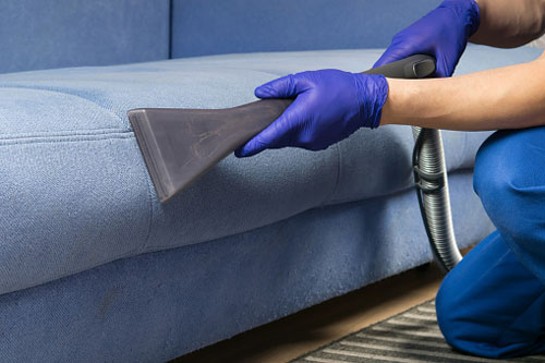 Cleaner Vacuuming Blue Couch