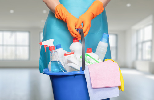 House Cleaner Holds Bucket of Supplies