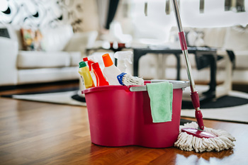 Cleaning Supplies with Mop in Living Room